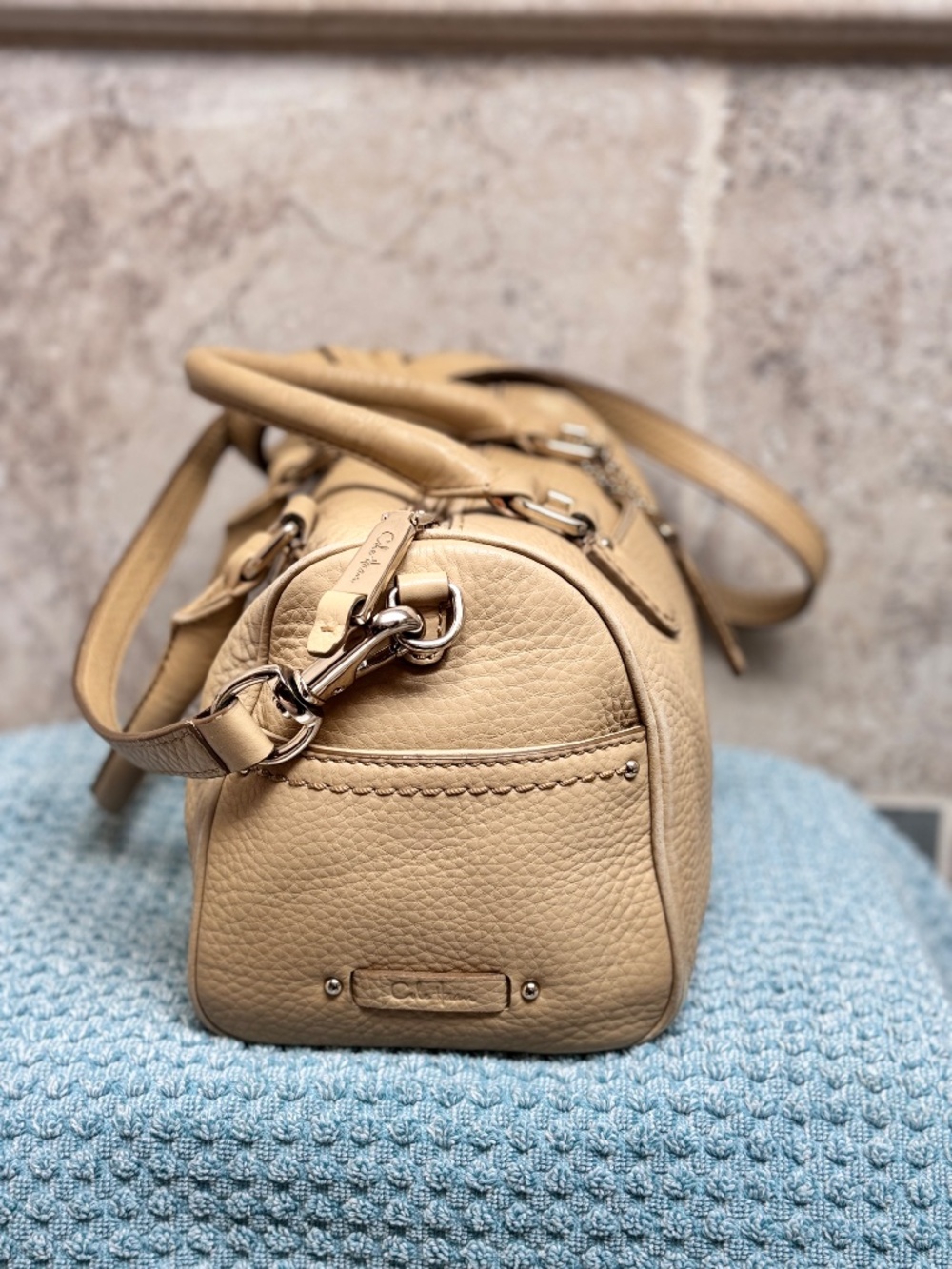 Cole Haan Jade Pebbled Leather Satchel Nude Beige Crossbody Shoulder Bag - Picture 4 of 15